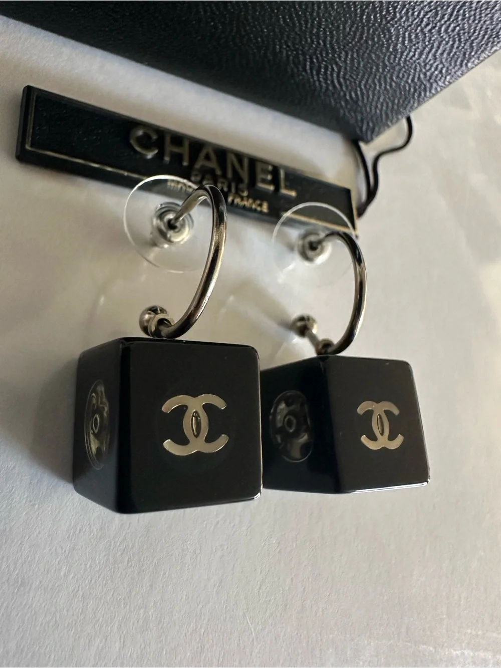 CHANEL 2003 03A Black Resin CC Cube Dice Hoop Drop Earrings